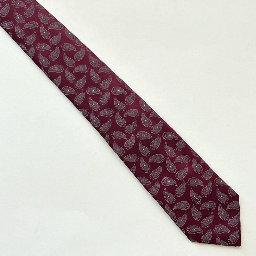 Vintage Christian Dior Mens Burgundy Red Neck Tie Paisley Polyester Woven Italy